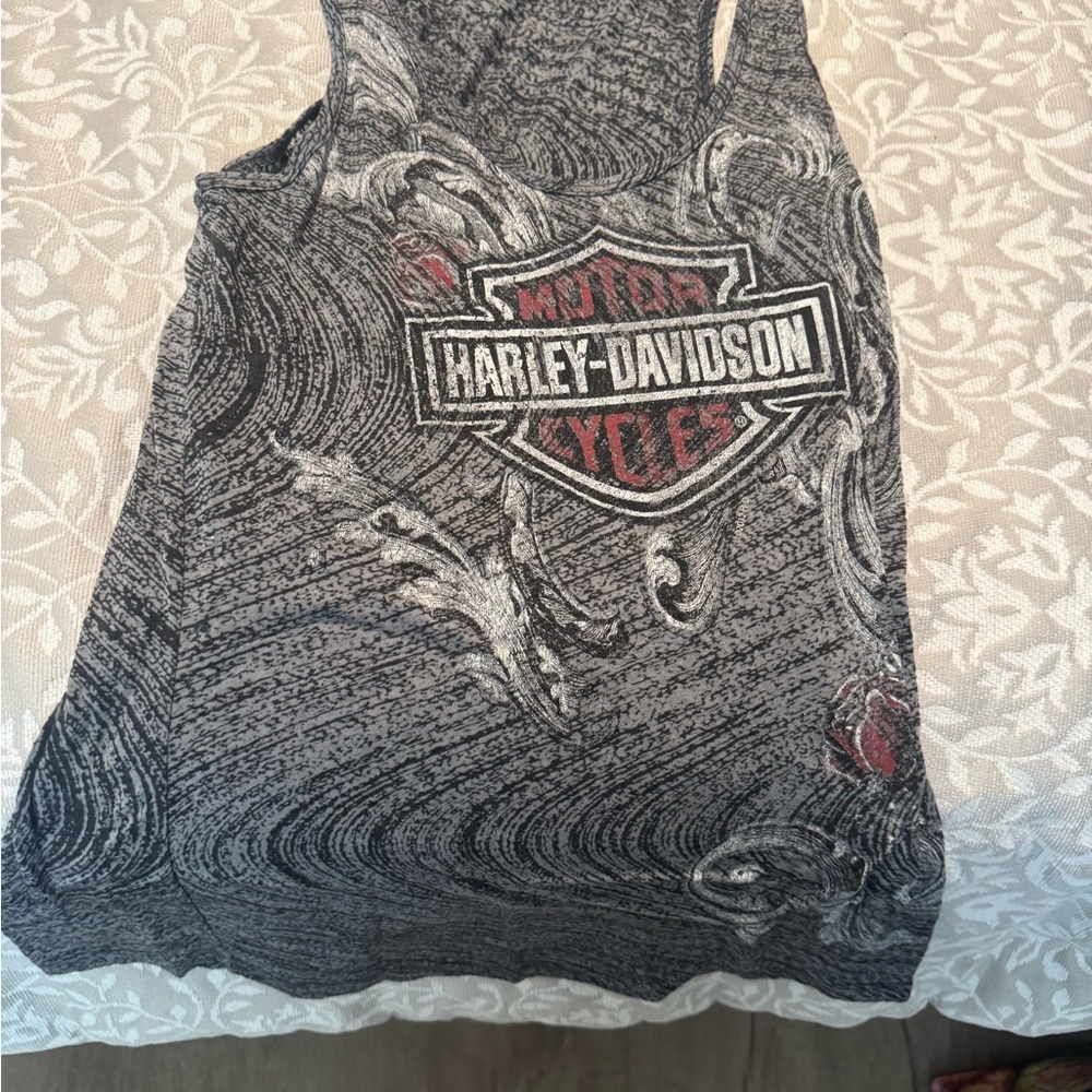 Harley-Davidson Gray Black Racerback Tank with Red Logo from Moroney’s HD  NY